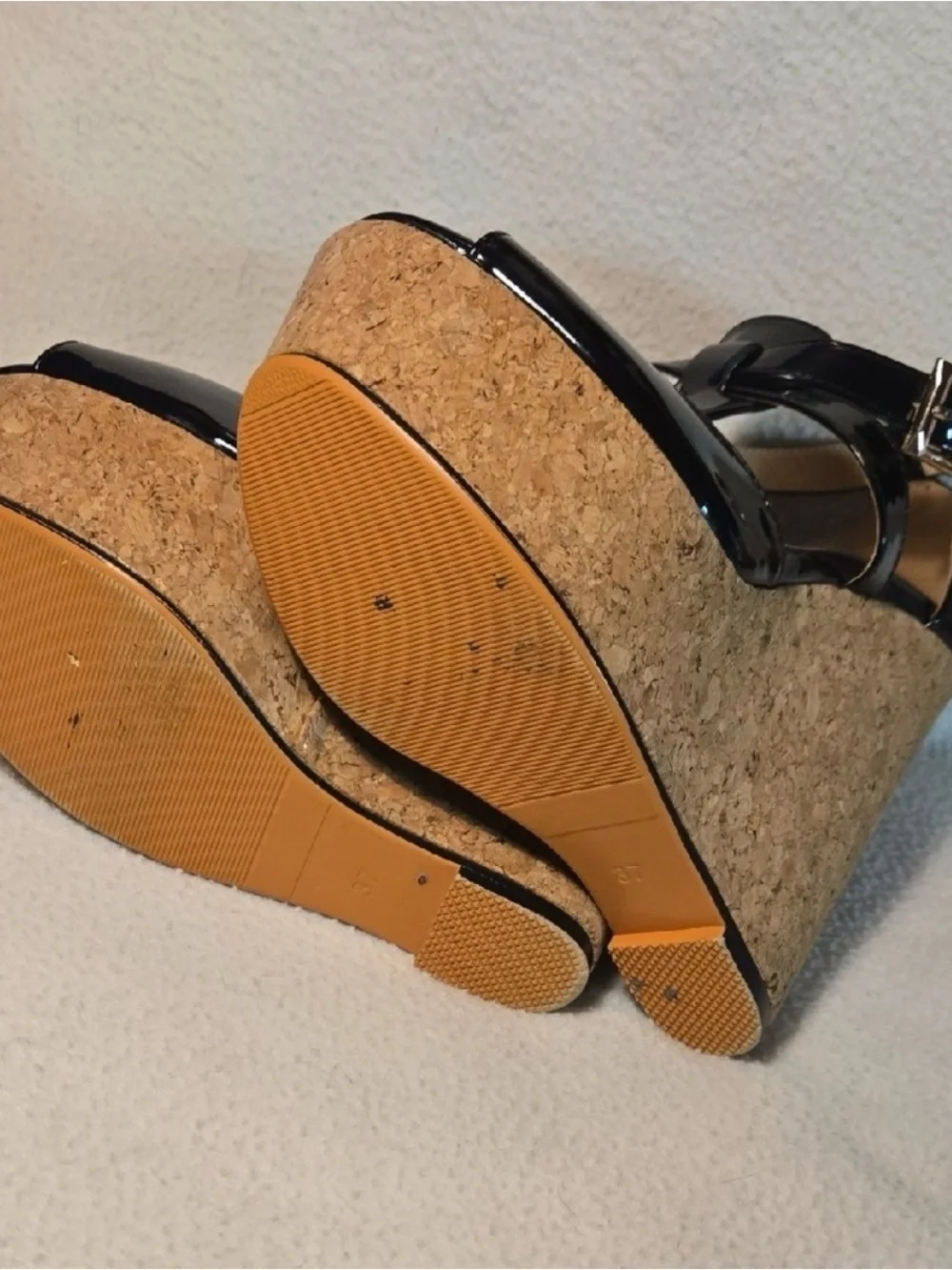 Black Patent Wedge Sandals with Cork Platform